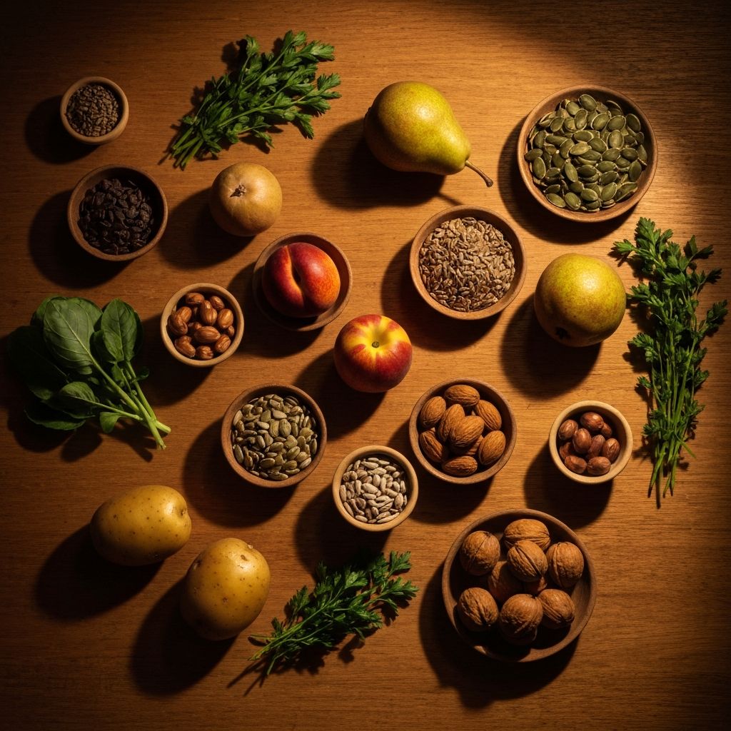 Arrangement von frischen Gemüse, Früchten, Nüssen und Kräutern