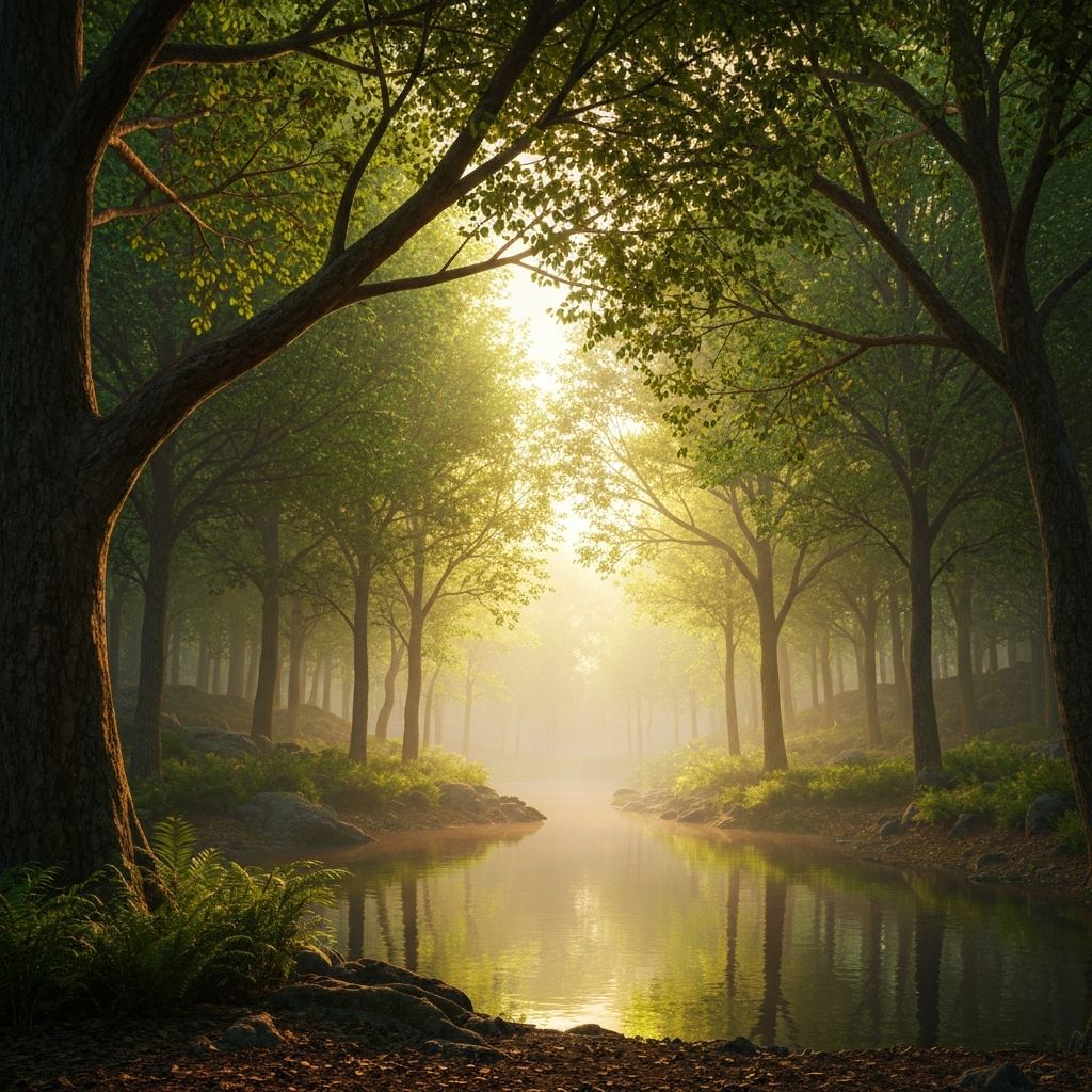 Friedlicher Wald mit sanftem Morgenlicht